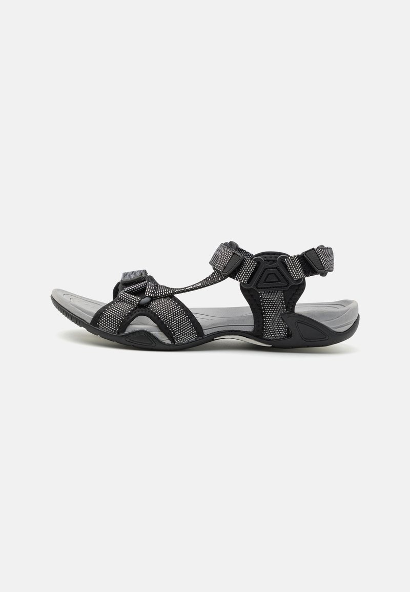 Sandale noire et grise avec des sangles ajustables, une semelle rembourrée et un dessus texturé. Conçue pour le confort et la stabilité.