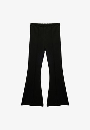 Czarne spodnie dzwonowate wykonane z elastycznej tkaniny o gładkiej fakturze. Posiadają szeroki pas i pionowe szwy dla dopasowanego wyglądu.