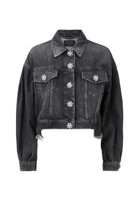Chaqueta de mezclilla negra recortada con adornos de flores de perlas, cuello clásico, dos bolsillos frontales y dobladillo deshilachado.