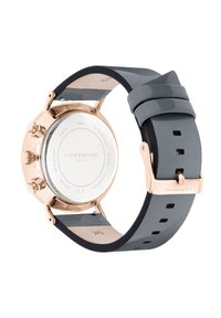 Orologio in acciaio inossidabile rosa dorato con cinturino in silicone grigio. Cassa rotonda, finitura liscia e superficie lucida. Resistente all'acqua fino a 5 ATM.