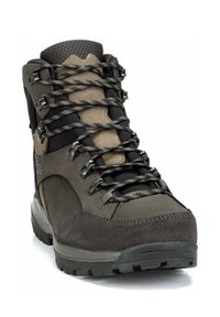 Bottines de randonnée pour homme en daim gris foncé et en tissu, avec une cheville haute, un embout renforcé et des crochets à lacets en métal. Semelle en caoutchouc durable.