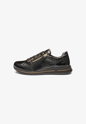Black lace-up sneaker with a shiny textured finish, gold-tone hardware, and a gold accent line on the sole. Features a side zipper closure.