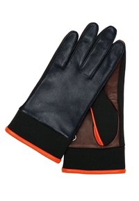Leather gloves featuring a dark navy outer layer, brown leather accents, and an orange cuff. The design includes five fingers and a textured finish.