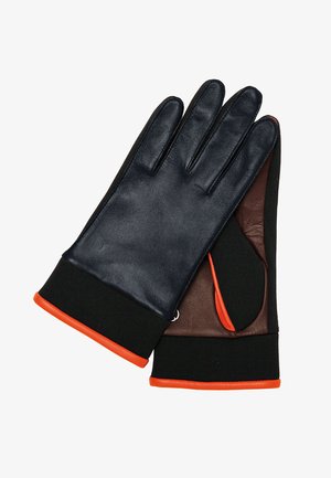 Gants en cuir avec une couche extérieure bleu marine foncé, des accents en cuir marron et un poignet orange. Le design comporte cinq doigts et une finition texturée.