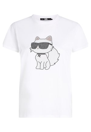 White cotton t-shirt featuring a cartoon cat with sunglasses, outlined in black with a fluffy tail, round ears, and a collar detail.
