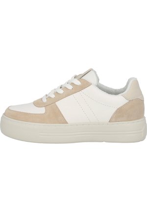 White and beige suede sneaker with a textured finish, round toe, flat rubber sole, and classic lace-up design. White stitching accents.