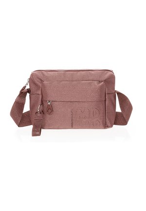 Kleine rechthoekige kastanjebruine crossbodytas met ritsvak aan de voorkant, verstelbare riem en subtiel gestructureerd stoffen patroon.