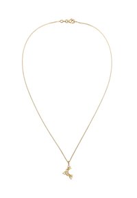 Goldkette mit zartem Anhänger, der einen mit kleinen klaren Steinen verzierten Halbschmoonz zeigt.