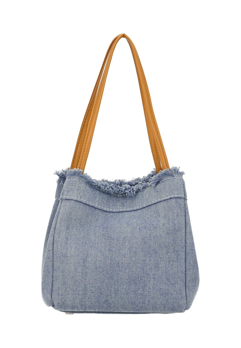 Spijkerstoffen totebag met rafelige blauwe bovenkant, bruine nepleren handvatten en een gestructureerde vorm. Heeft stiksel details aan de zijkanten.