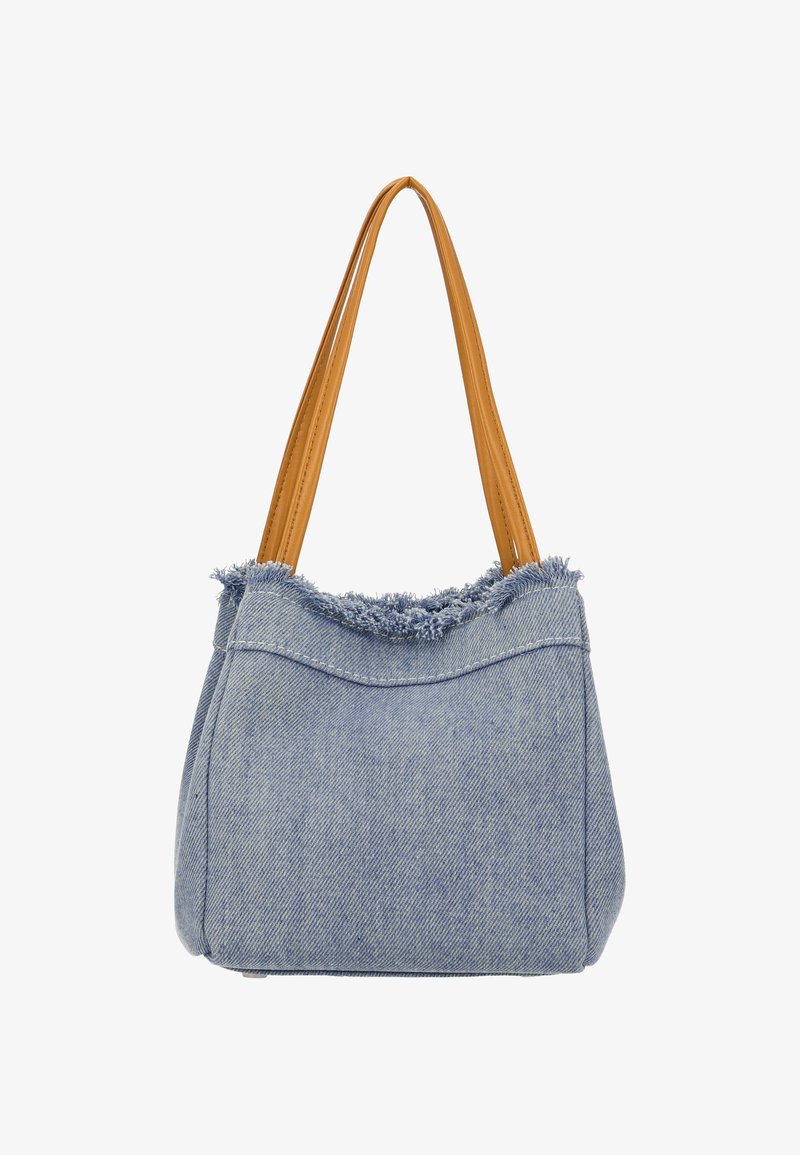 Spijkerstoffen totebag met rafelige blauwe bovenkant, bruine nepleren handvatten en een gestructureerde vorm. Heeft stiksel details aan de zijkanten.