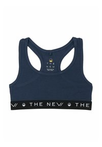 Navyblauer Sport-BH mit Racerback-Design und schwarzem elastischen Band mit weißem Text. Weiches Material mit minimalen Nähten und Etiketten.
