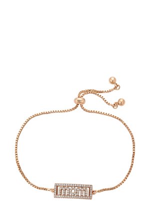 Rose gold justerbart armbånd med en rektangulær charm, der har en kant af små diamanter i et geometrisk mønster.