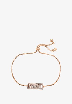 Rózsaarany állítható karkötő, téglalap alakú charm-mal, amelyet kis gyémántok határolnak geometrikus mintában.