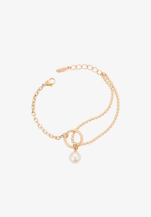 Arany színű karkötő, amely dupla lánc dizájnnal, kerek gyöngyökkel, kör alakú akcentussal és gyöngy medállal rendelkezik. Rákcsálós csattal záródik.