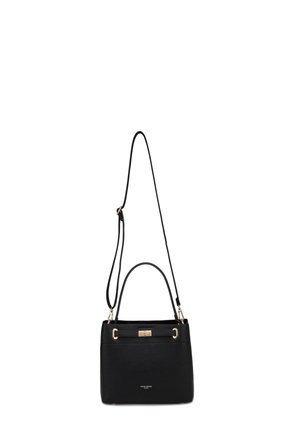 Sac à main en cuir noir avec poignées courtes, longue bandoulière réglable, garnitures dorées et détail de fermeture à loquet tournant à l'avant.