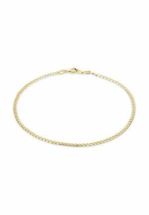 Delicate gold chain necklace with small interlocking links and a spring ring clasp on a white background.