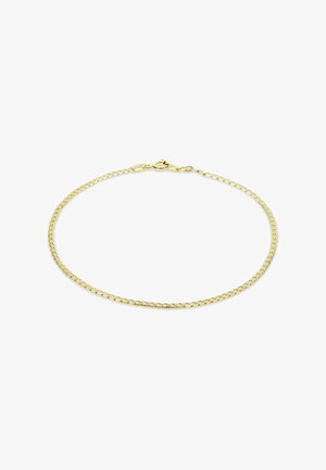 Zarte goldene Halskette mit kleinen ineinandergreifenden Gliedern und einem Federringverschluss auf weißem Hintergrund.