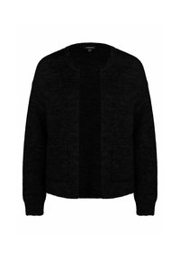 Zwarte gebreide cardigan met een rechte snit, geribbelde textuur, open voorkant en twee opgestikte zakken. Zacht materiaal en een relaxte pasvorm.