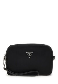 Black synthetic crossbody bag with a silver triangular logo, zip closure, and detachable wrist strap. Smooth texture and rectangular shape.