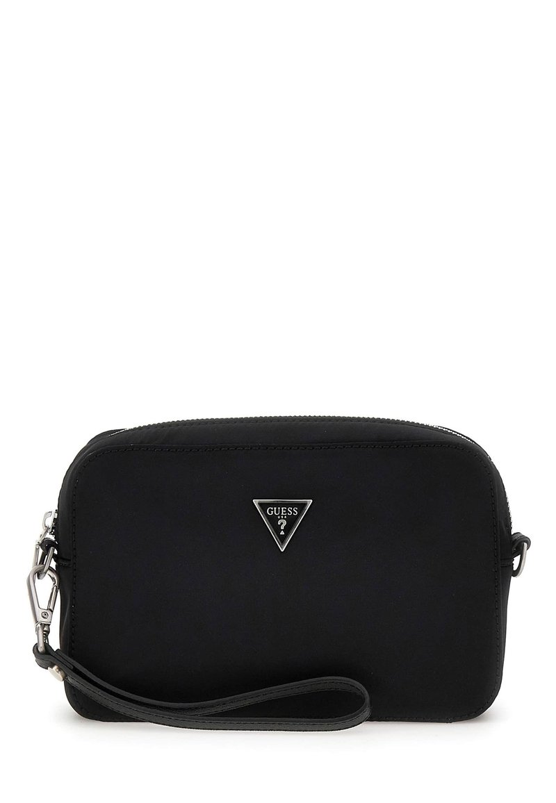 Black synthetic crossbody bag with a silver triangular logo, zip closure, and detachable wrist strap. Smooth texture and rectangular shape.