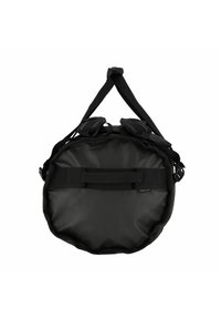 Zwarte ronde tas van nylon met twee schouderbanden, een bovenhandvat en een voorkantvak voor opslag. Gladde textuur met minimale hardware.