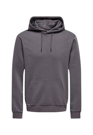 Hoodie en coton gris avec une poche avant, des cordons de serrage et des poignets et un ourlet côtelés. Texture lisse, design simple et coupe décontractée.