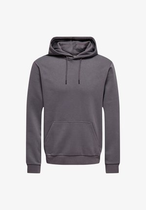 Grå bomullshoodie med lommesekk foran, snor og ribbestrikkede mansjetter og linning. Jevn tekstur, enkel design og avslappet passform.
