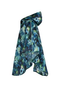 Sciarpa blu con un design a tema sportivo che presenta palloni da calcio e motivi esagonali. Realizzata in tessuto leggero e strutturato.