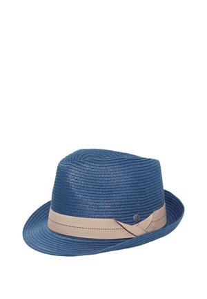 Blue woven fedora hat with beige ribbon band and small round metal emblem on the side, against white background.