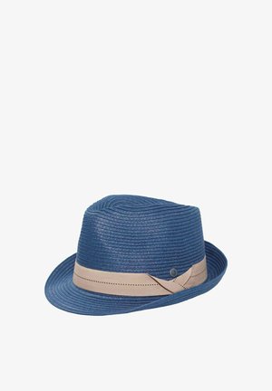 Blue woven fedora hat with beige ribbon band and small round metal emblem on the side, against white background.