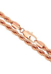 Collar de cadena trenzada en oro rosa con cierre de langosta, que presenta una textura metálica suave y un diseño de cuerda entrelazada.