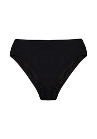Slip all'inguine nera con tessuto testurizzato, design a vita alta e lati arricciati. Fodera interna liscia, adatta per il costume da bagno.