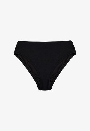Bas de bikini noir en tissu texturé, design taille haute et côtés froncés. Doublure intérieure lisse, adapté à la natation.