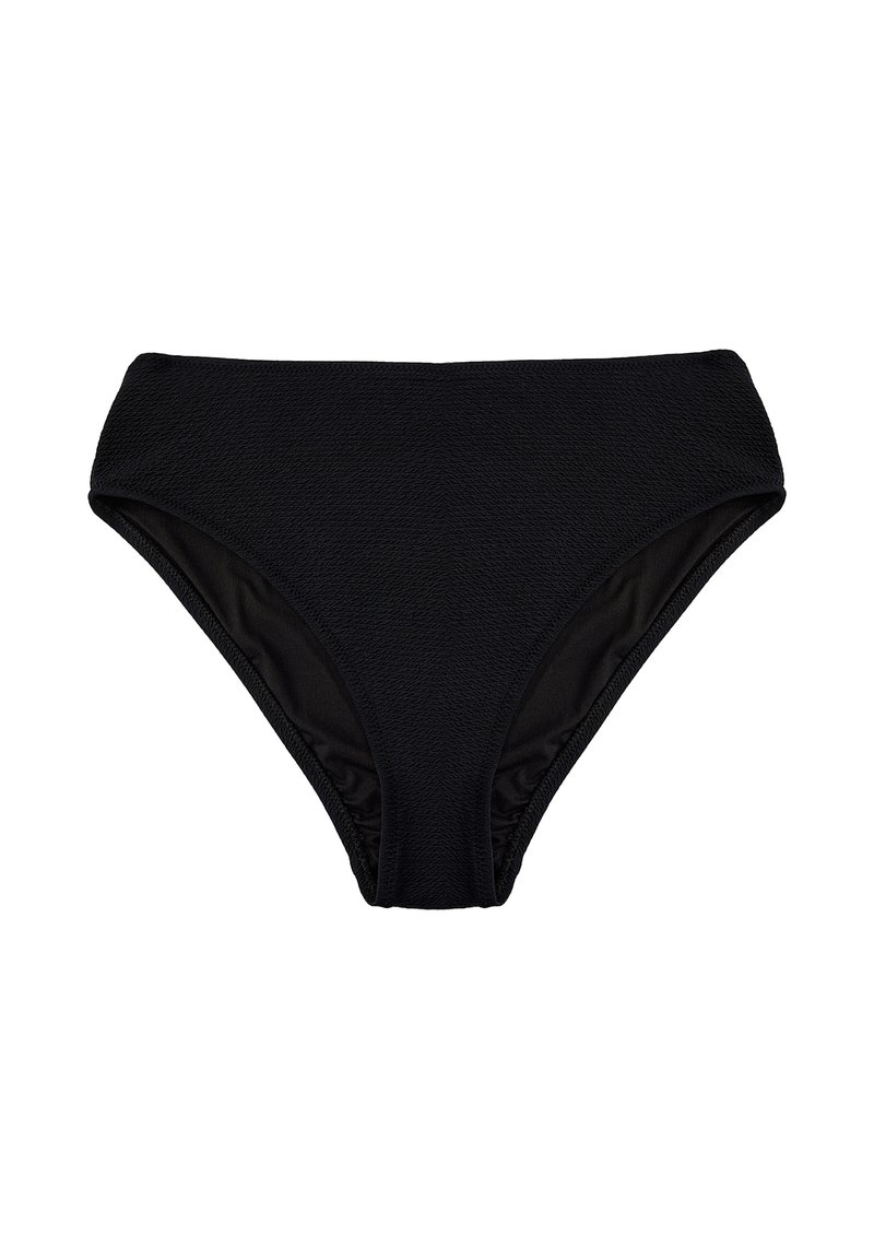Slip all'inguine nera con tessuto testurizzato, design a vita alta e lati arricciati. Fodera interna liscia, adatta per il costume da bagno.