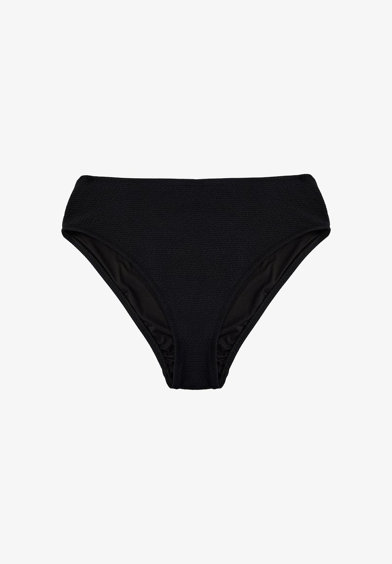 Slip all'inguine nera con tessuto testurizzato, design a vita alta e lati arricciati. Fodera interna liscia, adatta per il costume da bagno.