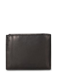 Portafoglio bifold in pelle nera con texture liscia, bordi cuciti e forma rettangolare. Presenta più scomparti per carte e un compartimento per valuta.