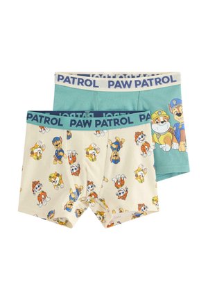 To par drengeboxershorts med Paw Patrol-tema, den ene i solid turkis med figurprint, den anden cremefarvet med gennemgående figurmønster og "PAW PATROL" taljebånd.