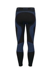 Schwarze Leggings mit blauen Streifen und strukturierten Akzenten. Verfügt über einen glatten Bund und ein eng anliegendes Design für Komfort und Bewegungsfreiheit.