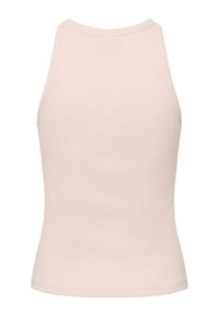 Bez rukávov, rebrovaný béžový tielkový top s vysokým golierom a priliehavým pásom, zobrazený na jednoduchom bielom pozadí.