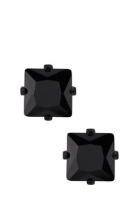 Orecchini quadrati neri con pietre sfaccettate, dettagli metallici agli angoli, superficie liscia e riflettente.