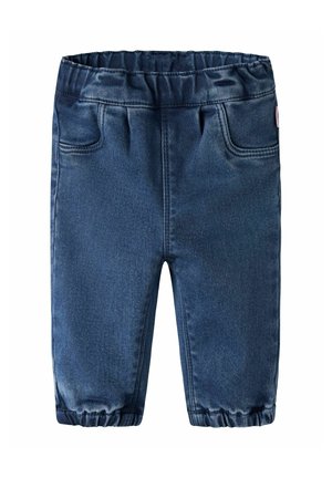 Pantalon pour tout-petit bleu foncé avec taille et chevilles élastiques, poches avant, en tissu doux imitant le denim.