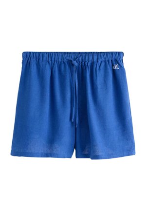 Blue elastic waist shorts with a drawstring and small white "self." text on the upper right side.