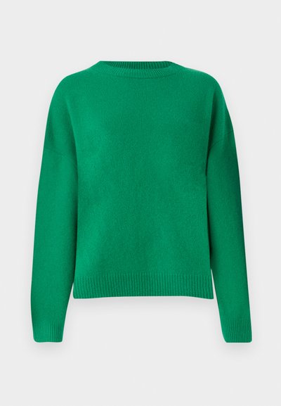 Green knit sweater with a relaxed fit, round neckline, dropped shoulders, and ribbed hem. Smooth texture with an even finish.