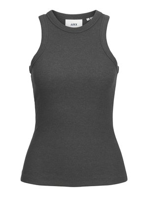 Débardeur gris foncé à côtes, sans manches, avec un col rond et une silhouette ajustée, taille petite.