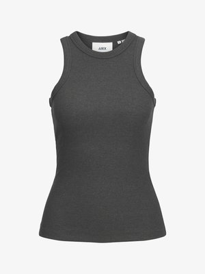 Tumehall päevituvana soonikuga varrukateta särk ümmarguse kaelusega ja keha ümber sobiv, suurus S.