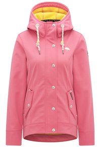 Roze waterdichte jas met een capuchon, gele binnenvoering, voorzakken, drukknopen en een decoratieve trekkoord met kleurrijke kraaltjes.