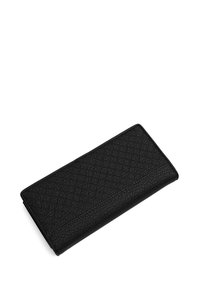 Black wallet featuring a textured surface with a diamond pattern, constructed from synthetic material, slim rectangular shape.