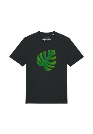 T-shirt noir à manches courtes avec un grand motif de feuille de monstera verte centré sur le devant.