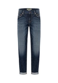 Jean en denim bleu foncé avec une coupe fuselée, présentant un léger délavage, un design à cinq poches et des revers roulés. Accents en cuivre.