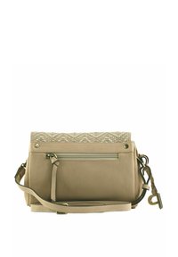 Borsa a tracolla in pelle beige con texture intrecciata nella parte superiore, tasca frontale con zip, tracolla removibile e dettagli in tonalità dorata.